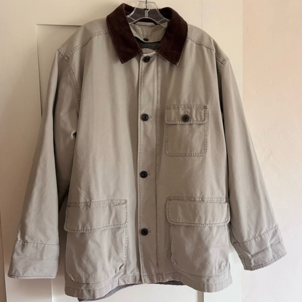 J Crew LARGE barn coat chore utility jacket sherpa brown corduroy trim canvas